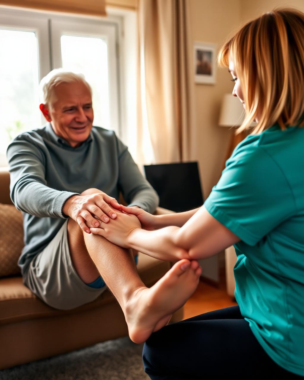 Physiotherapist supporting an elderly patient through home rehabilitation