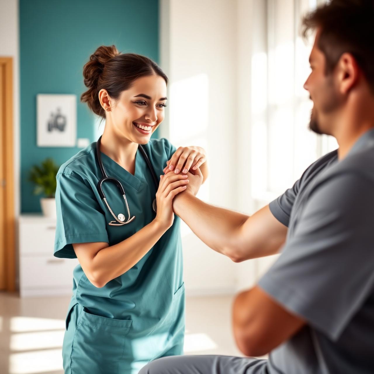 Physiotherapist treating a patient's shoulder in a bright clinic